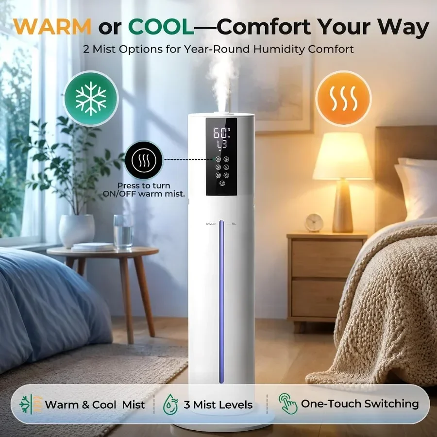9L Hybrid Ultrasonic Humidifier, Warm & Cool Dual Mist Mode, Quiet Air Moisturizer for Large Room Bedroom Home 110V