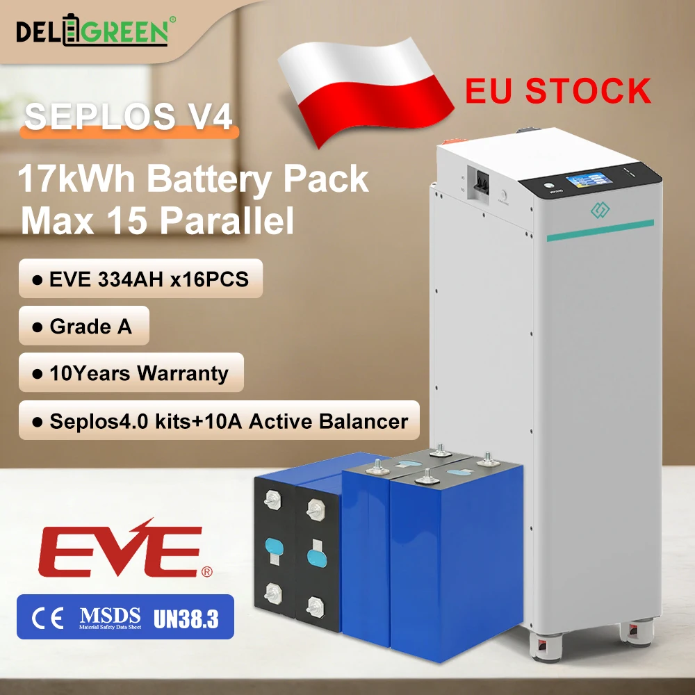 

EU Lifepo4 Battery 17kWh Seplos 4.0 Kits EVE334 Grade A Battery 10A Active Balancer CAN RS485 DIY Battery Pack Tax&Ship Free