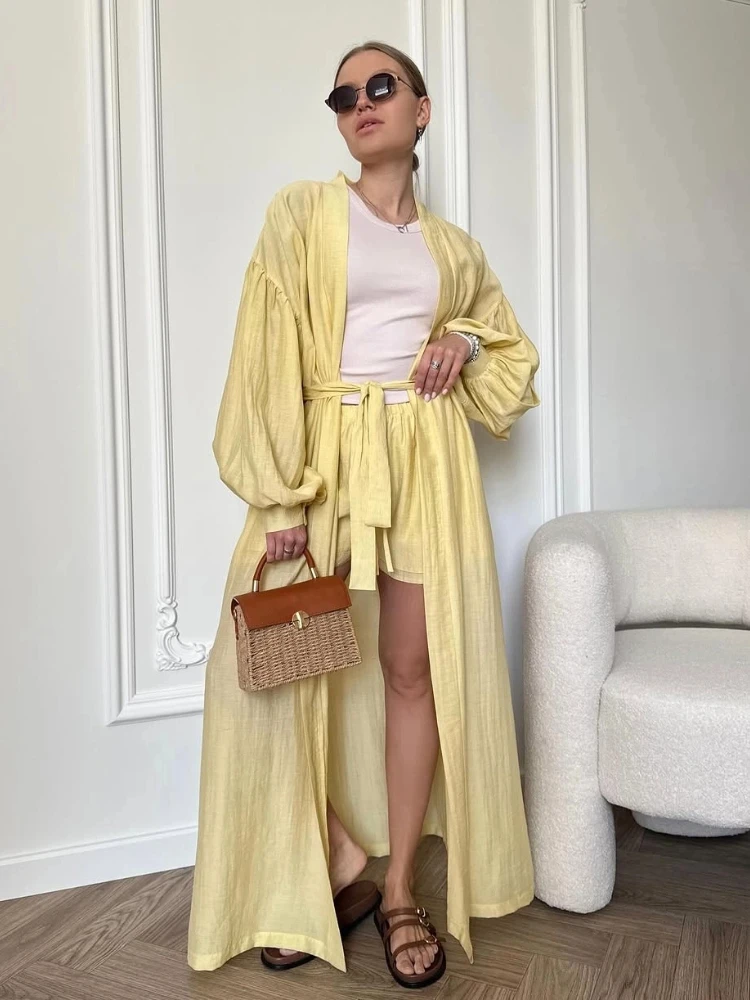 

Lantern Full Sleeve Cardigan Coat Shorts Suits Women Sexy Loose Dragging Coats With Elastic Shorts New Chic Ladies Streetwear