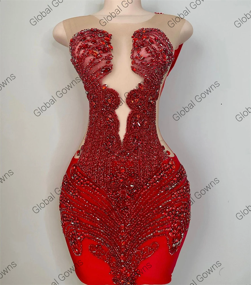 Red Sheer O Neck Short Prom Dress For Black Girls Bead Crystal Birthday Party Dresses Mini Mermaid Abiti Da Cocktail Customized