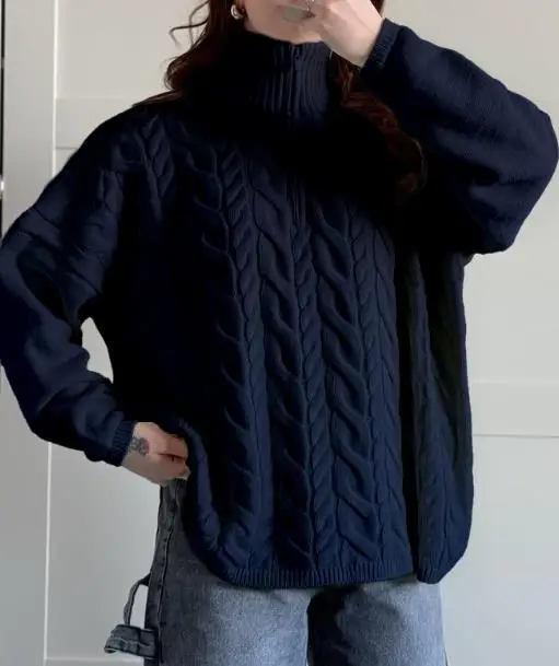 Maglione lavorato a maglia jacquard con colletto solido allentato autunno e inverno per donna maglione casual con cerniera semplice