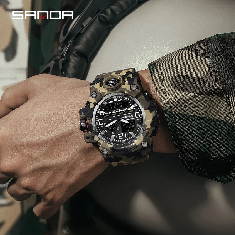 SANDA-Relógio de quartzo estilo Camo G para homens, militares, LED, digital, ao ar livre, esporte, eletrônico, cronômetro, impermeável, nova moda