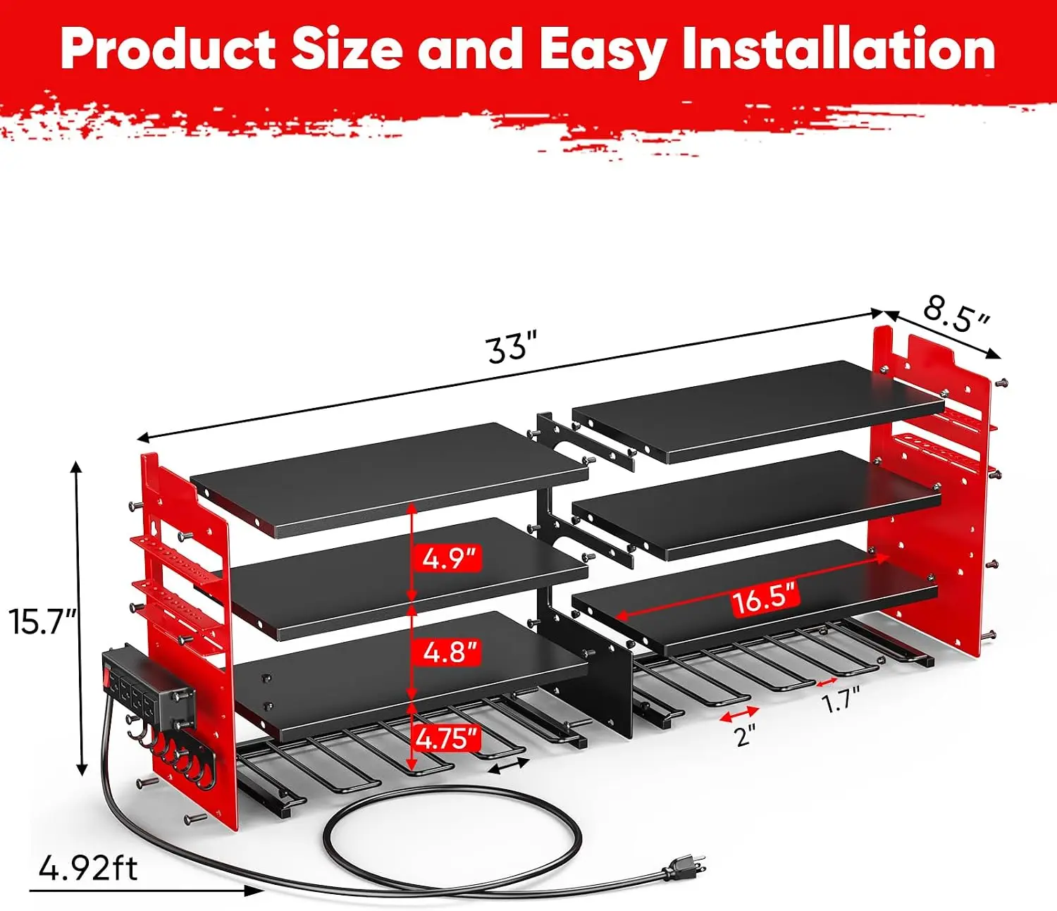 Heavy Duty Tool Organizer Wall Mount with Charging Station, 4-Tier Metal Shelf, 600lbs Capacity, 8 Drill Holders, 4-Outlet Power Strip - view 2