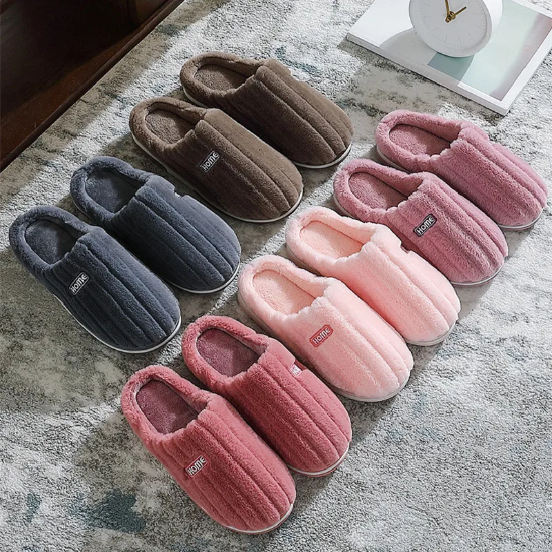 Big Size 48 49 Men Home Slippers Winter Warm Plush Women Soft Furry Shoes Couples Casual Bedroom Thick Sole Non-Slip Slides