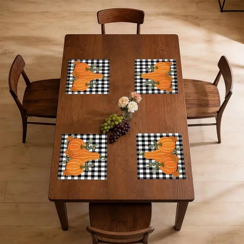 Fall Pumpkin Buffalo Plaid Linen Placemats Autumn Harvest Farmhouse Heat‑Resistant Washable Table Decor Mats