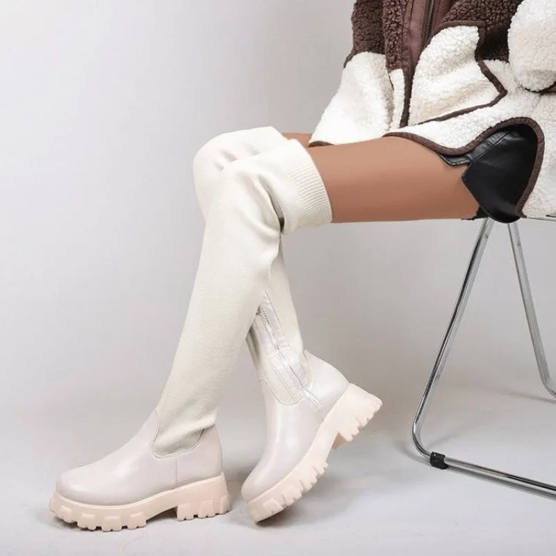 ​Wide Fit Plus Size Women's Slimming Patchwork Rider Boots Autumn Over The Knee High Boots Size 36-44 Stretchy Chunky Sole 43​
