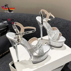 Scarpe di cristallo di lusso 2024 nuove donne con paillettes lucide banchetto di nozze tacchi alti 4CM piattaforma 15CM tacchi sottili sandali estivi da pista