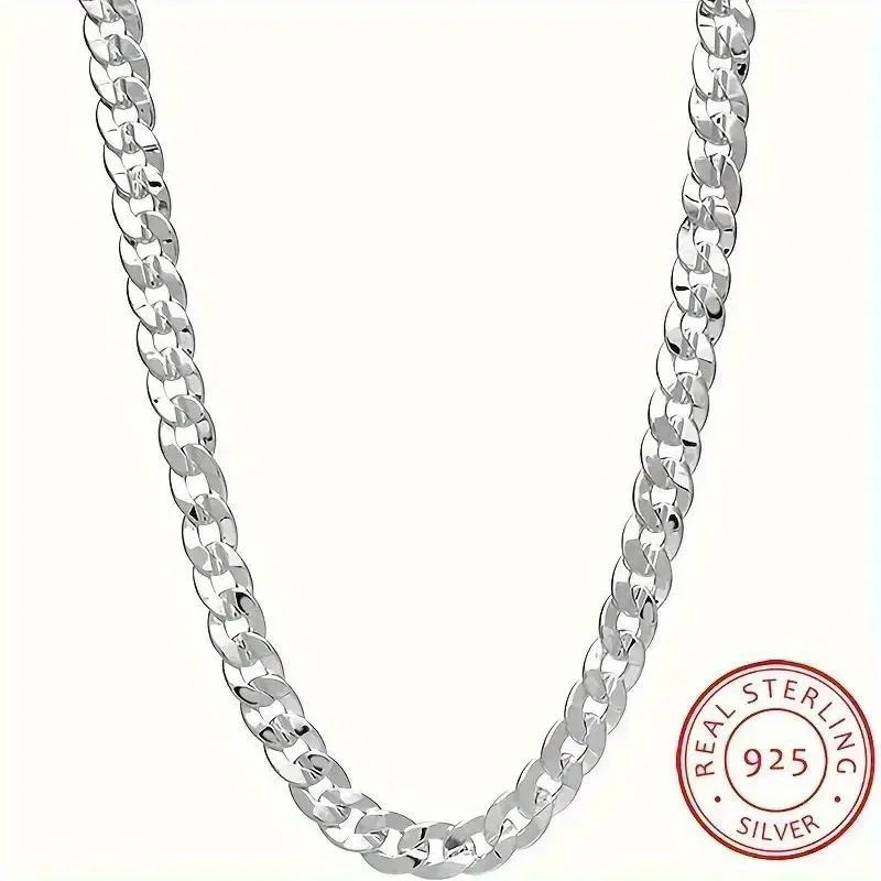 Solid 925 Sterling Silver 7mm Cuban Chain Necklace for Women Men Noble Concave Sideways Versatile Wedding Jewelry Gift