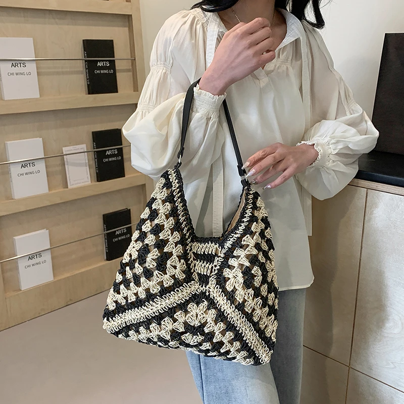 MOODS Straw Woven Shoulder Bags For Women Geometric Large Capacity Shopper Totes 2024 Summer New Travel Beach  Handmade Handbags