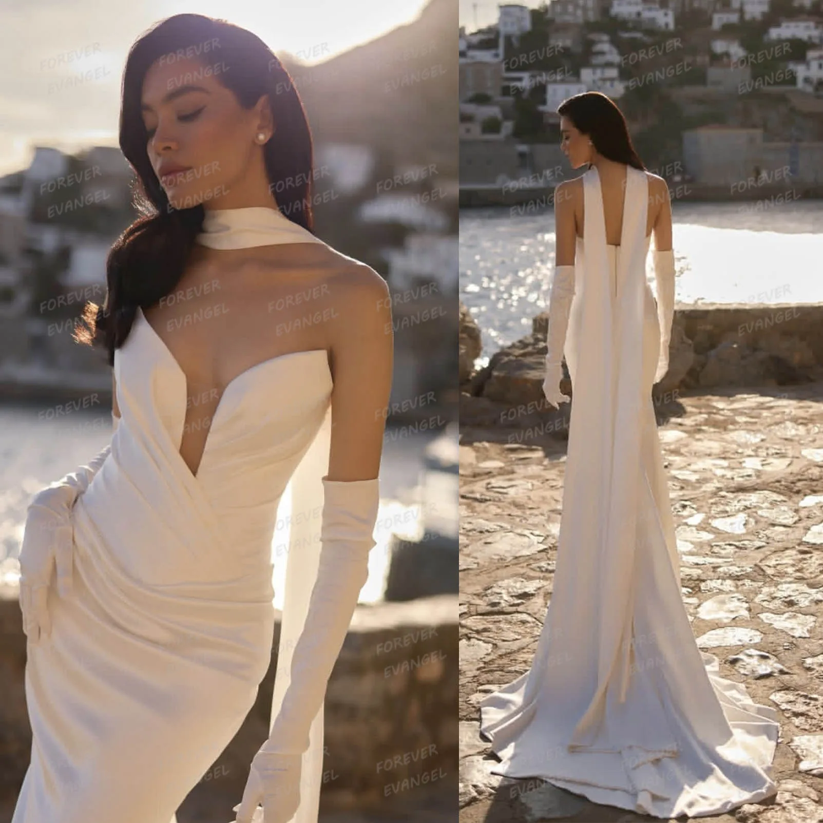 Einfache, sexy Brautkleider im Meerjungfrau-Stil, ärmellos, für Damen, maßgeschneiderte, modische, ärmellose Brautkleider.