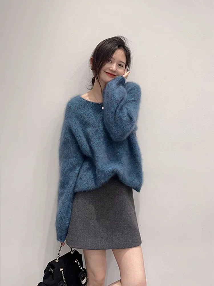 

Elegant Autumn Winter Women's Fashion Set High Quality Knitted Top And Skirt Thick Warm Long Sleeve round Neck Loose Fit