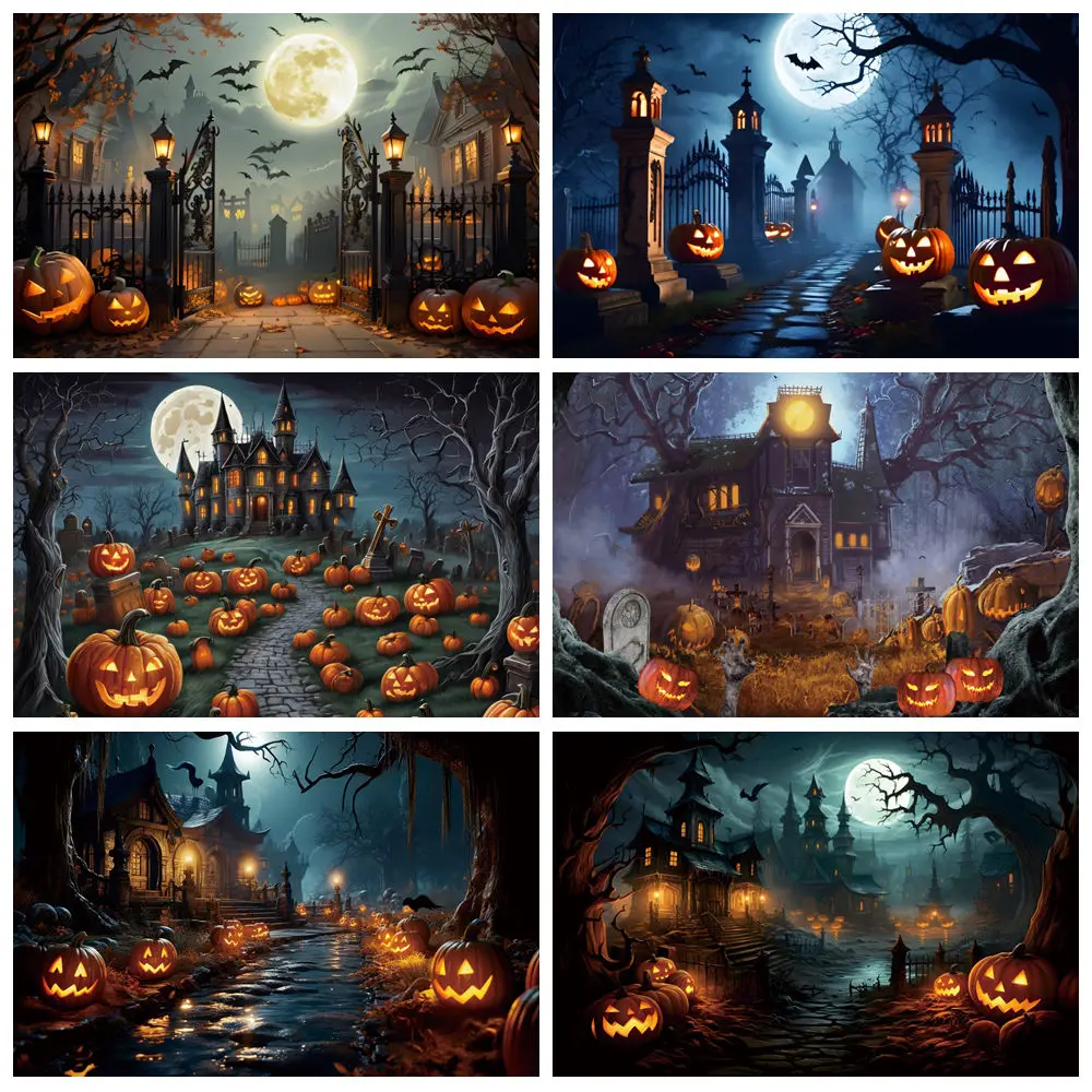 

Halloween Backdrop Horror Castle Forest Scary Moon Night Pumpkin Cemetery Bats Baby Portrait Photography Background Photo Studio