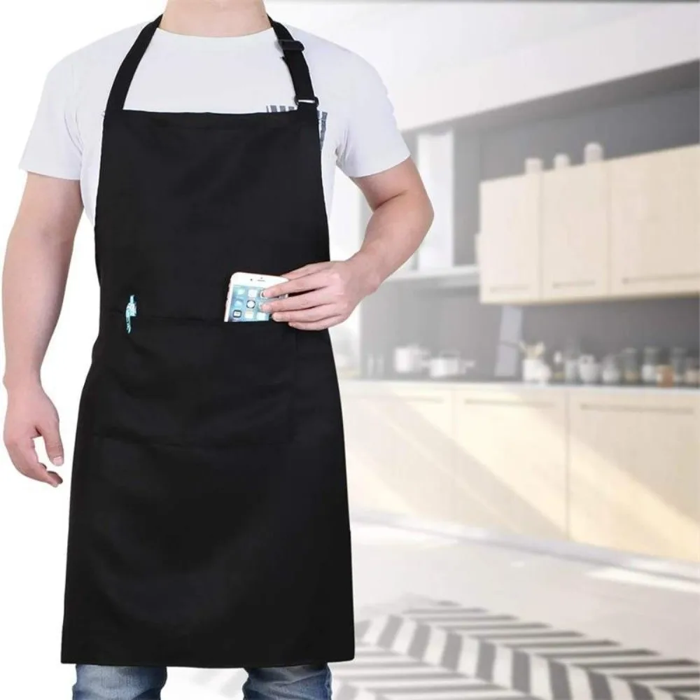 

Multi-functional Pocket Apron Solid Color Hanging Neck Household Waterproof Apron Adjustable Oil Resistant Unisex Work Clothes