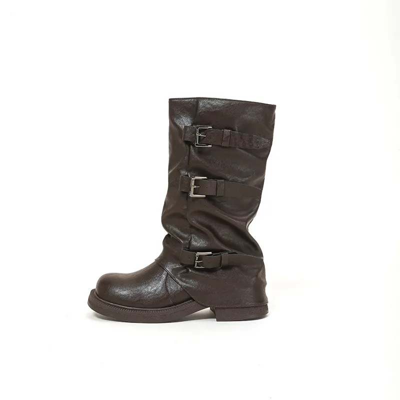 المرأة مطوية هيم الجوارب سميكة القاع مطوي الأحذية منتصف العجل الأسود فارس بانت الساق أحذية الموضة جديد 2025 الحلو كول حار #1