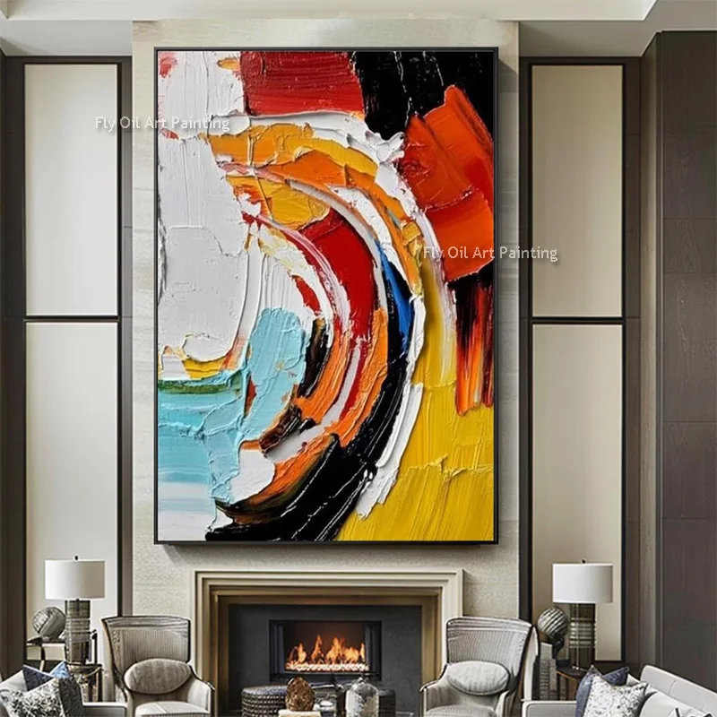 Orange Red White Canvas Knife Thick Oil Painting Handmade New Original Abstract Colorful Wall Art Decor For Room Popular Design