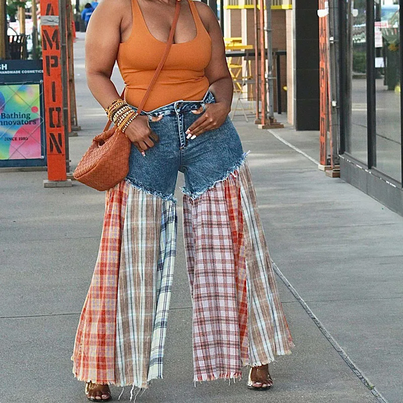 

Doyerl красочные клетчатые брюки Y2K для женщин джинсы уличная одежда с высокой талией на пуговицах в стиле пэчворк свободные джинсовые брюки Pantalon Femme