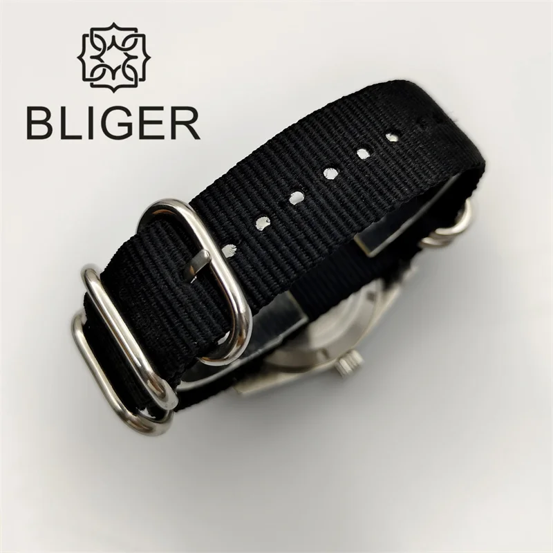 BLIGER 38mm Dive Watch for Men NH35 Automatic Brushed Case  Sapphire Crystal  California Dial Green Luminous Nylon/Rubber  Strap