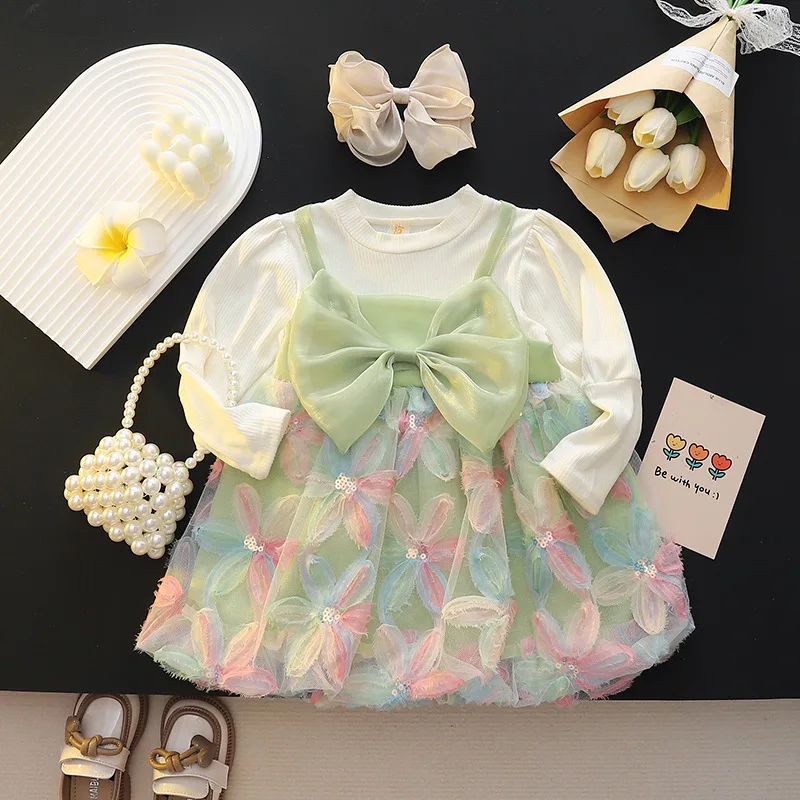 Spring and Autumn New Girls\' Dress Bow Flowers Hand-painted Wind A-line Dress Crew-neck Fake Two Pieces