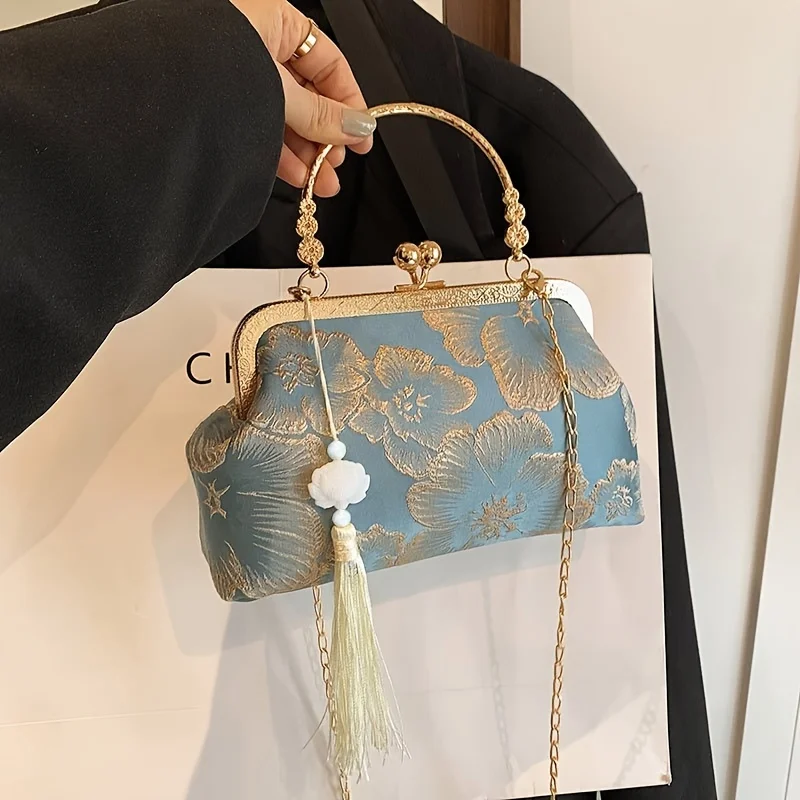 Vintage Floral Embroidery Kiss Lock Tote Bag, Elegant Satin Handbag with Tassel Removable Chain Crossbody Bags for Women Party