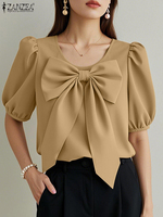 Women Summer Bow Tie Blouse ZANZEA Elegant Short Sleeve Work OL Shirt Stylish Solid Holiday Tops Tunic Casual O Neck Blusas 2025