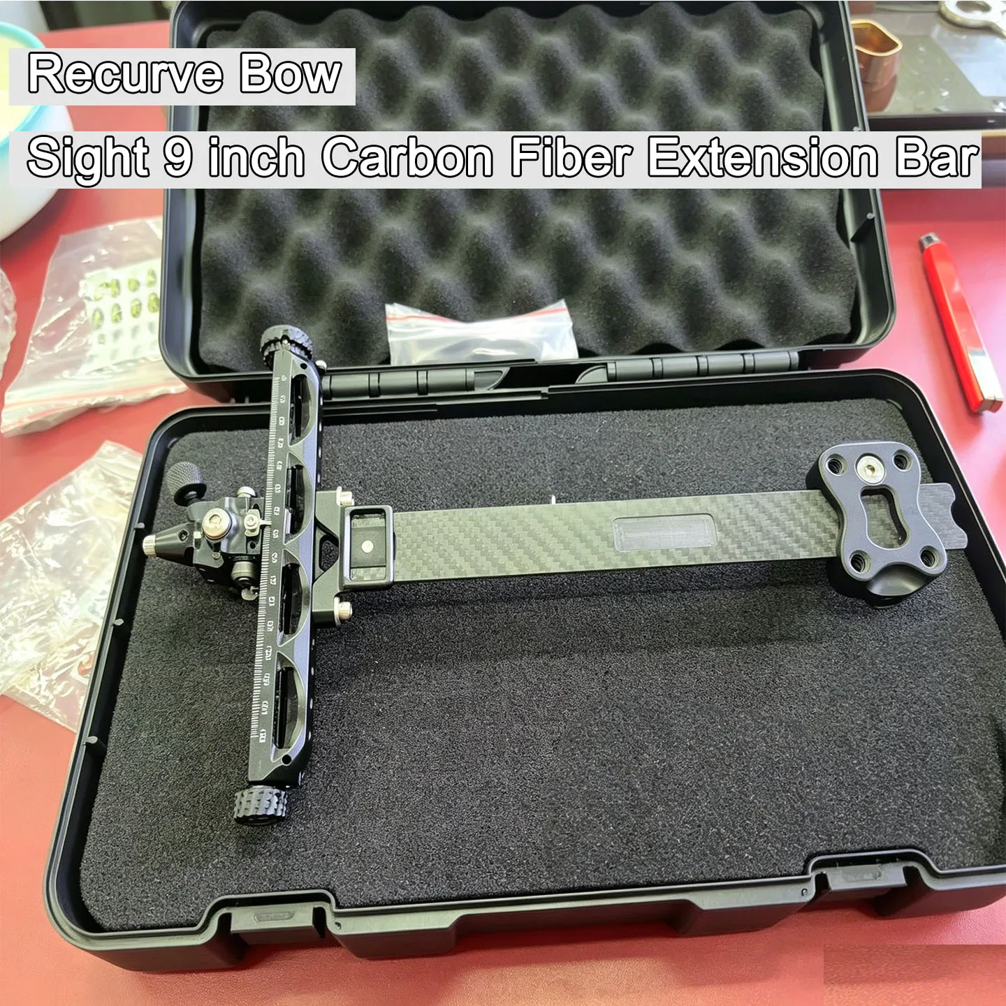 1 unidad de mira para arco recurvo de tiro con arco, barra de extensión de fibra de carbono de 9 pulgadas, mira profesional para competición con microajuste, rojo/B
