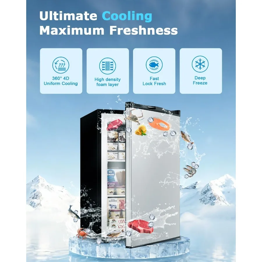 3.0 Cu.ft Upright Freezer Compact Mini Freezer with 7 Adjustable Thermostat Removable Shelves Reversible Single Door 360 Unifor