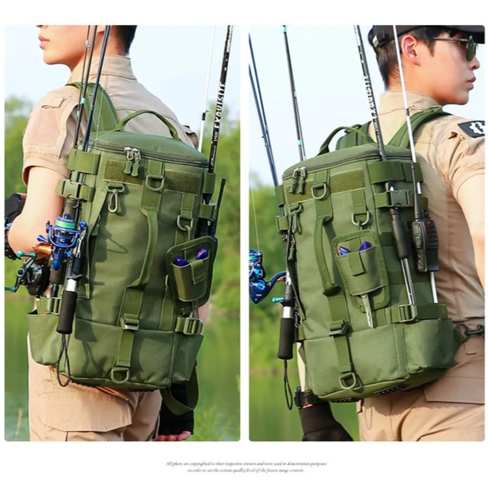 Wear-resistant Oxford cloth multi-functional backpack, large-capacity dry and wet separation hanging fishing gear backpack