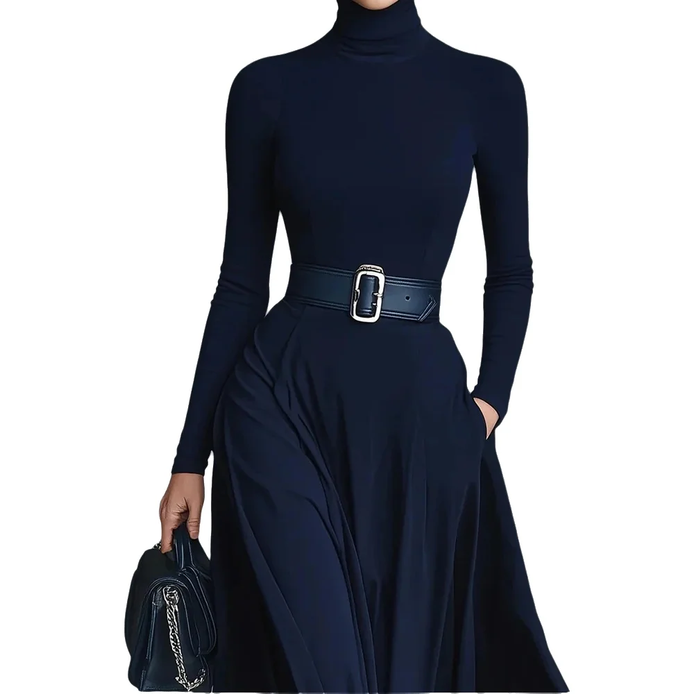 Robe de soirée de vacances Simple à manches longues pour femmes, col roulé, élégante, Maxi, Patchwork, Slim Fit, nouvelle collection automne