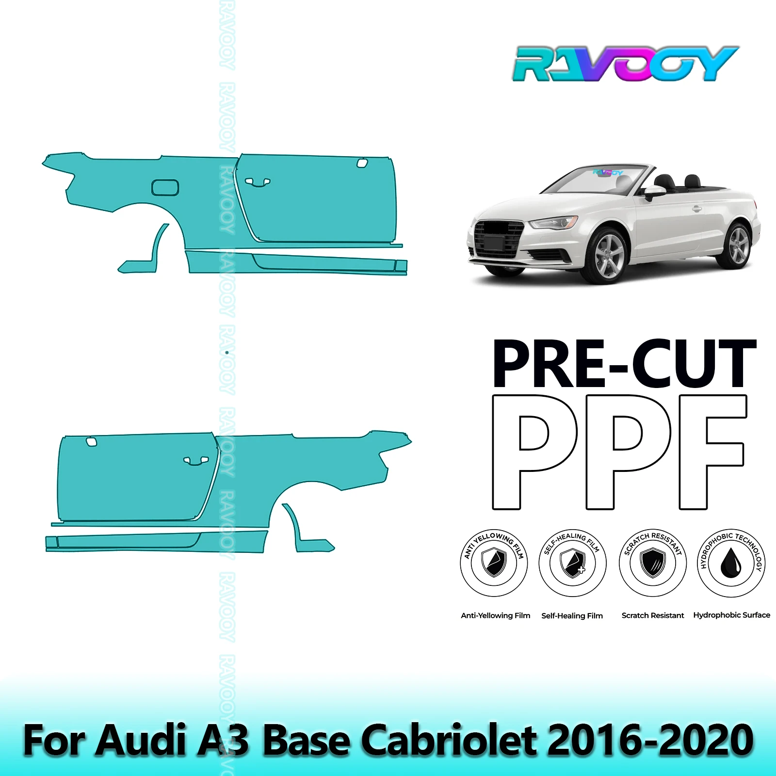 

For Audi A3 Base Cabriolet 2016-2020 8.5mil Clear Matte Pre-Cut PPF Door & A/B Pillar Kit TPU Paint Protection Film Set