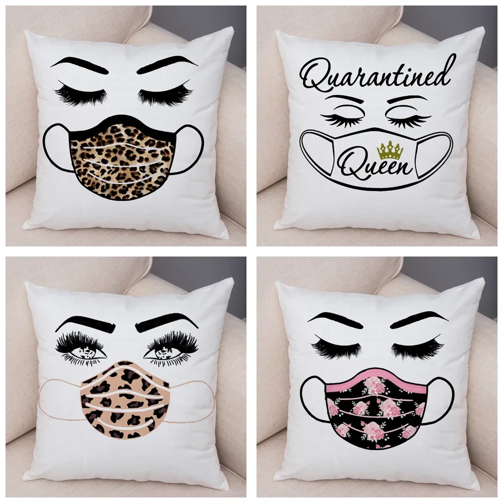 Fashion Cartoon Women Cushion Cover for Sofa Home Car Decor Leopard Face Mask Eyelash Pillow Case Short Plush Pillowcase 45x45cm