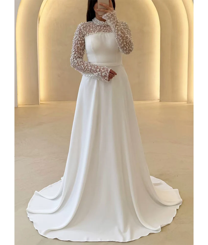 

Customized Exquisite Jersey A-Line Sequined Beading Evening Dress High Quality Long Sleeves High Collar فساتين سهرة