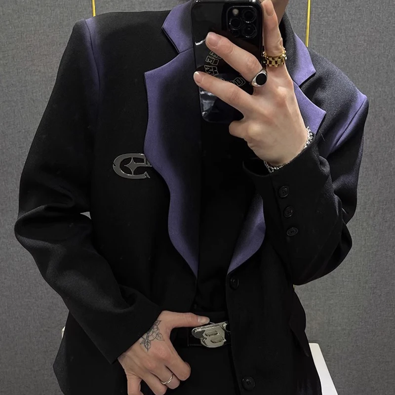 Metal Decorate Jacket Men Blazer Homme Luxury Purple Contrast Jacket Blazer Masculino Jacket Club Party Blazer Men Stage Suit