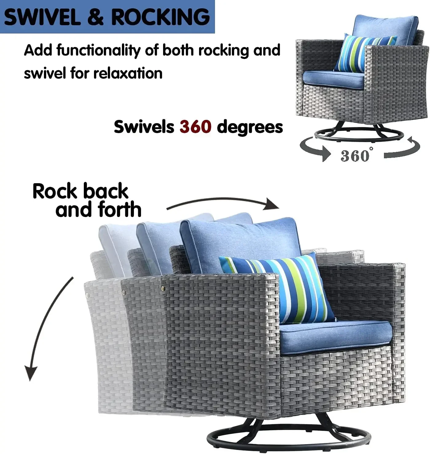 Patio Furniture Outdoor Sectional Sofa Swivel Rocking Chairs, All Weather PE Rattan Wicker Conversation Sets with Fire Pit Table