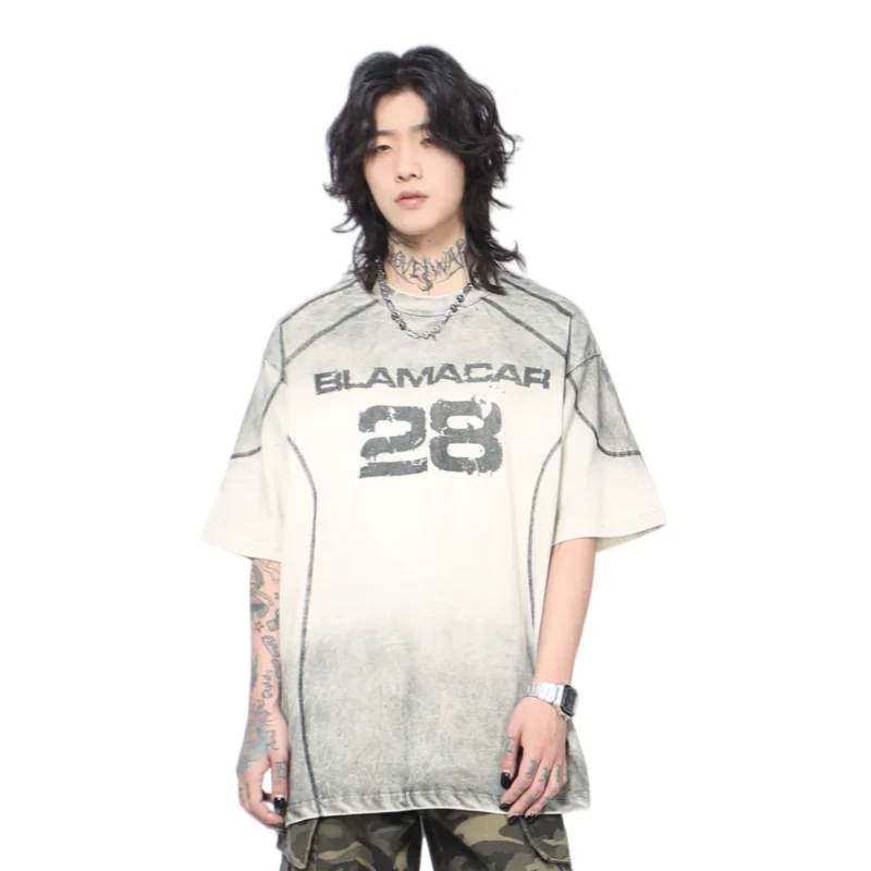 2026 New Men American Retro Spray Paint Raw Cut Design Short Sleeve T Shirts Unisex Loose Letter Print Casual Couple Tops