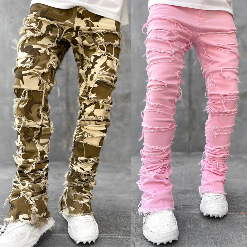 2024 High Street Witte Heren Gestapelde Jeans Gestrekte Patchwork Kwastje Beschadigde Denim Lange Broek Hip-Pop Broek Voor Mannen