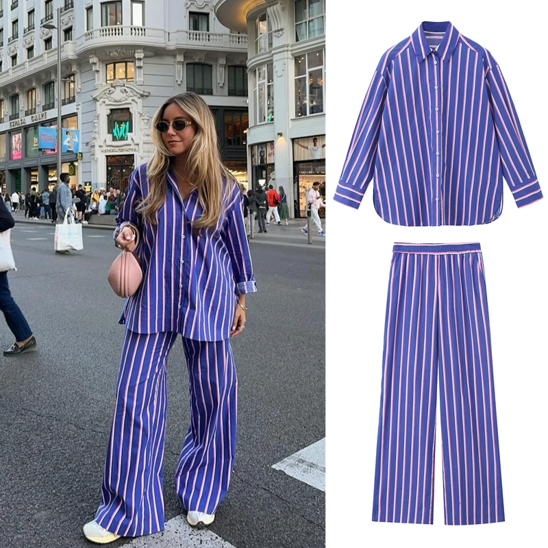 

Taop&Za women's 2024 new summer style striped loose stand-up collar shirt 3281/238 high-waisted straight trousers 3399/238