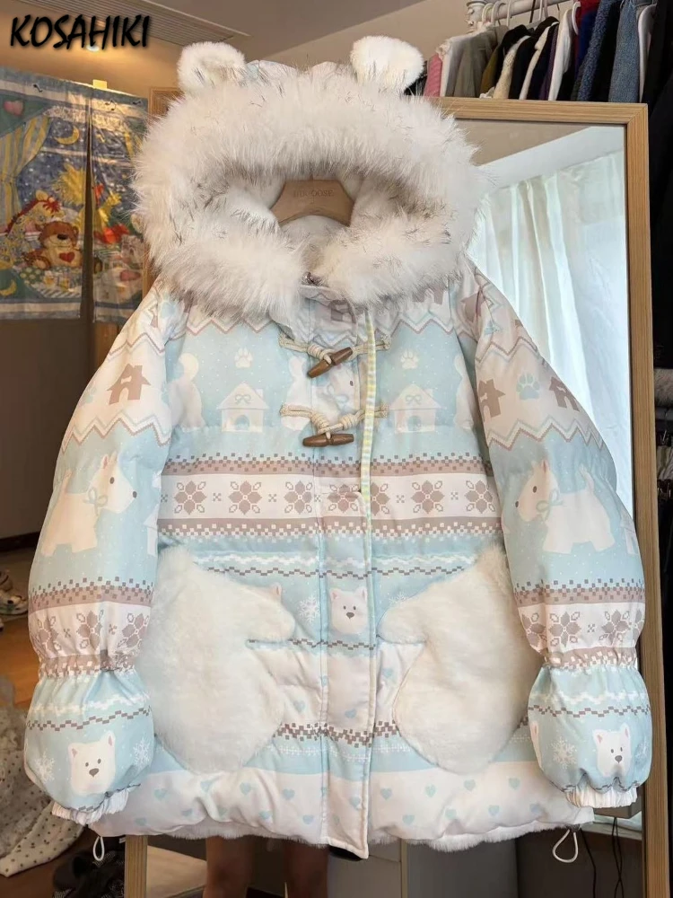 Parkas cálidas con estampado de dibujos animados para mujer, chaqueta con capucha de retales de piel informal holgada Harajuku, abrigo Grunge con botones estéticos Y2k para invierno