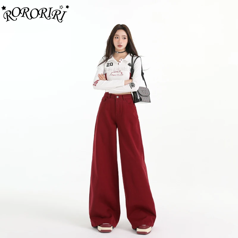 

RORORIRI Y2k Широкие джинсы женские осенние повседневные простые потертые джинсовые брюки со средней талией 2025 новые модные офисные женские прямые брюки