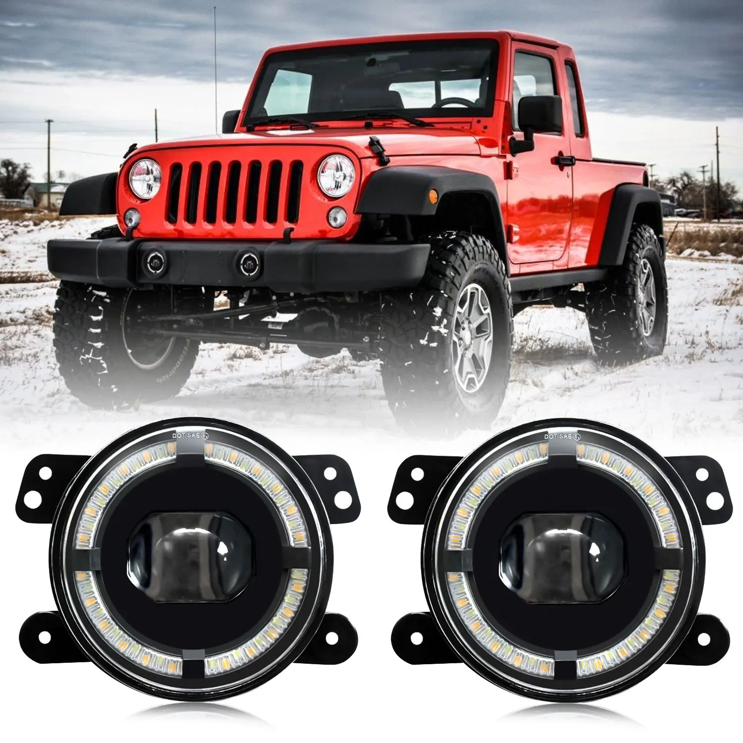 

4-дюймовая супер яркая светодиодная фара, противотуманная фара, противотуманная фара 200 Вт, белое янтарное кольцо Halo DRL для Jeep Wrangler Cherokee JK LED