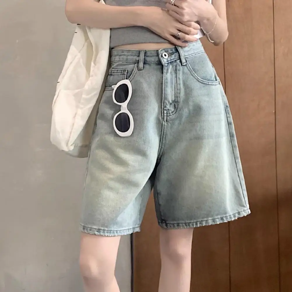 HWomen Denim Shorts Straight Wide Leg Pure Color Trousers Button Zipper Closure Streetwear Knee Length Jeans Short Pants