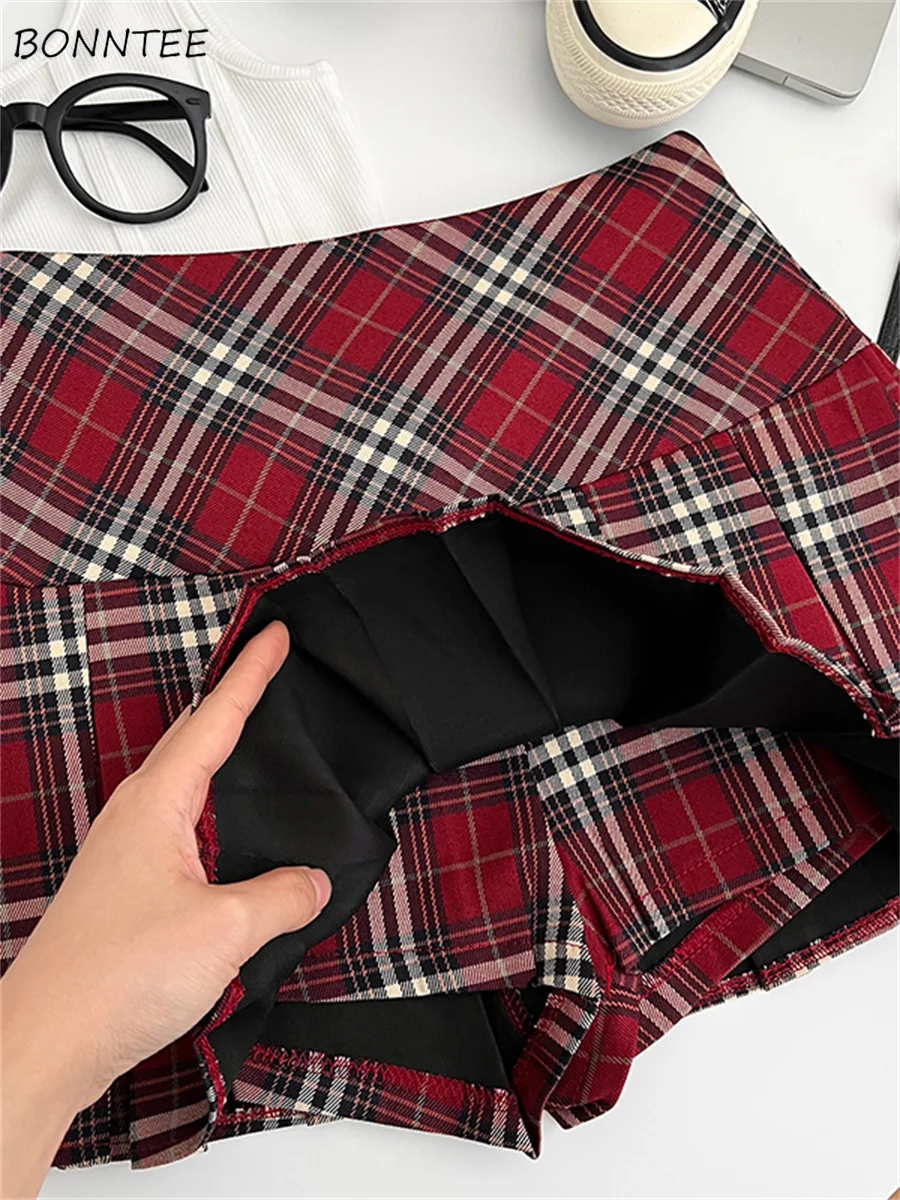 

S-3XL Pleated Skirts for Women Red Vintage High Waist Girlish Mini Faldas Tender Fashion Streetwear Ulzzang Soft Versatile Daily