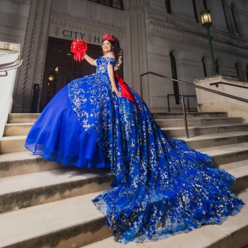 

Royal Blue Shiny Quinceanera Dresses Ball Gown Off The Shoulder Applique Flower Beading Tull Corset Party Birthday Sweet 16