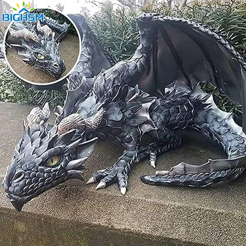 1Pcs Garden Big Squatting Dragon Sculpture Guardian Statue Garden Dragon Figurine Halloween Outdoor Gothic Decoration