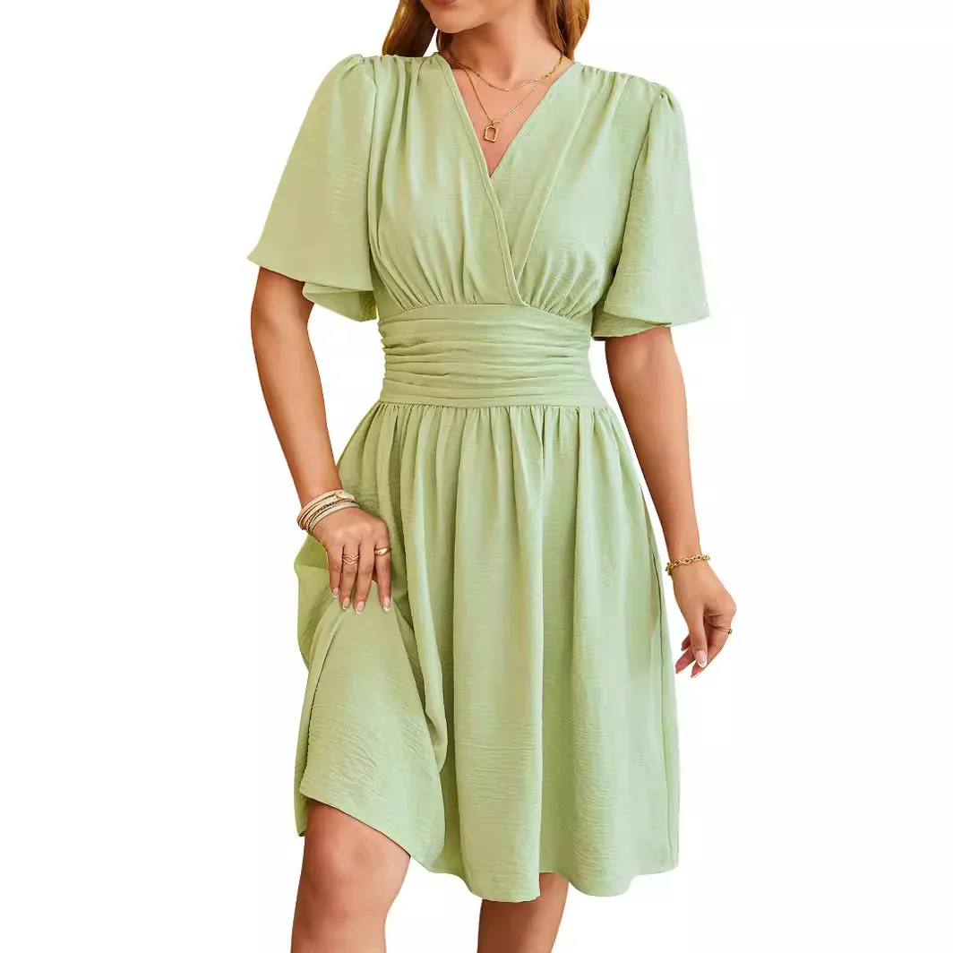 Women's 2024 Summer New V-neck Waist Waist Flared Sleeve Fashion Dress