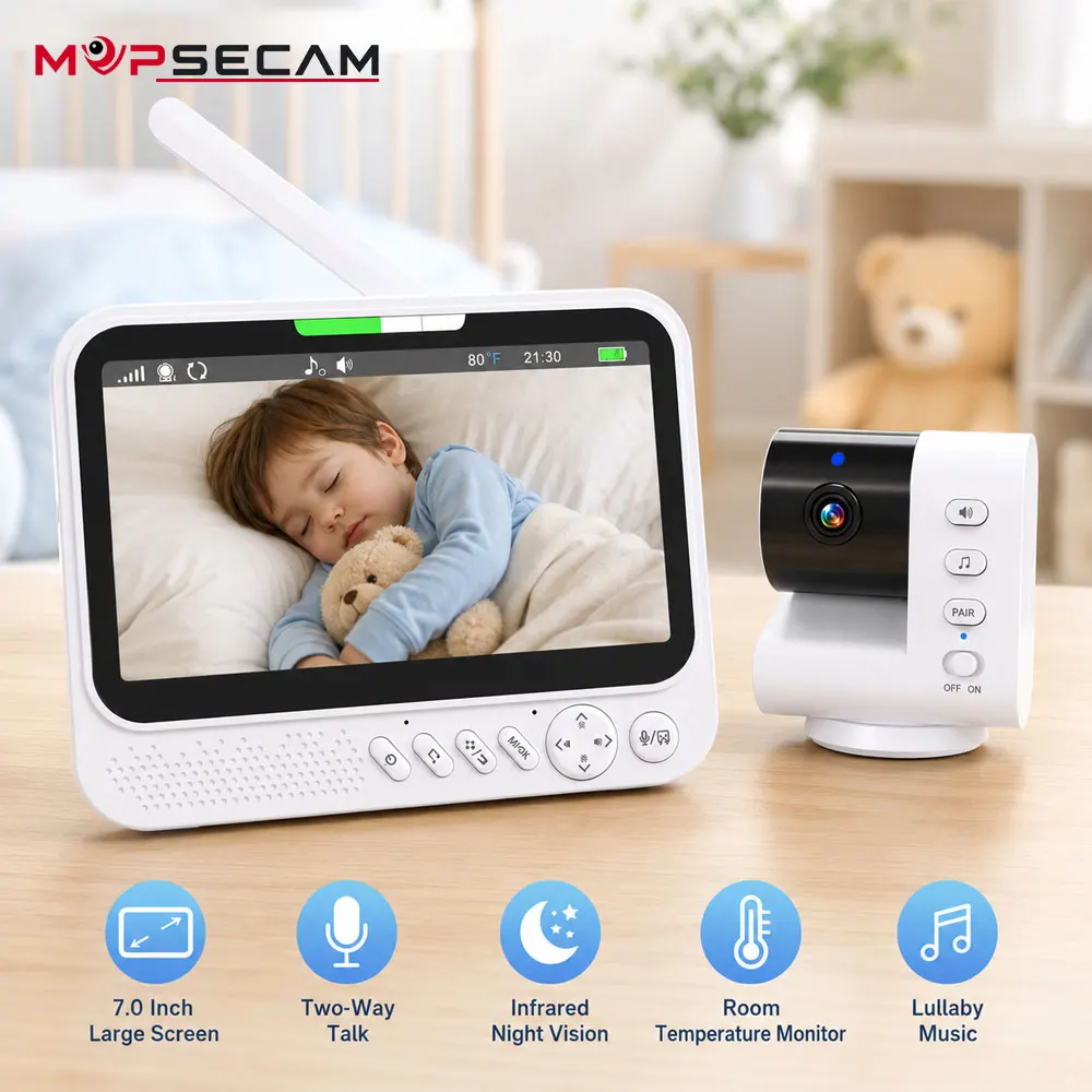Moniteur vidéo pour bébé de 7 pouces avec caméra et audio, système de surveillance sans fil pour nourrissons, conversation bidirectionnelle, vision nocturne infrarouge, surveillance de la température ambiante, musique berceuse, détection sonore VOX, écran parentale rechargeable pour chambre d'enfant, voyage, soins et sécurité du nouveau-né