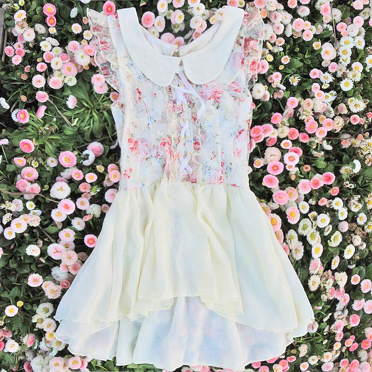 Sales Japan Liz Lisa Lace Chiffon Floral Printed Ribbon Mini Dress