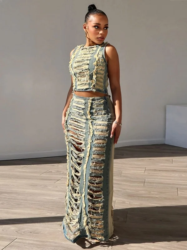 

Ladies Handmade Distred Denim Vest And Skirt Set High Split Long Pants Faion Set 35+ Age up Chinese Brand Summer Coll...