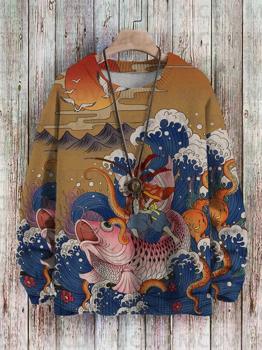 Men's Sweater Art Sunset Print Casual Knit Sweatshirt Sweater