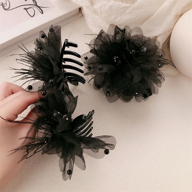 Romantic Black Lace Feather Big Bow Knot Hair Claw Fashion Advanced Sense Hairpins For Women Girls Shark Clip Hair Accessories