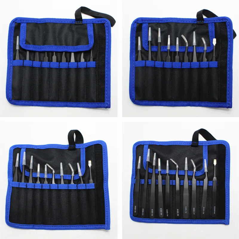 Canvas Pouch Stainless Steel Antistatic Tweezer Set Pointed Elbow Electronic Repair Tool Bag Tool Organizer Tool Storage